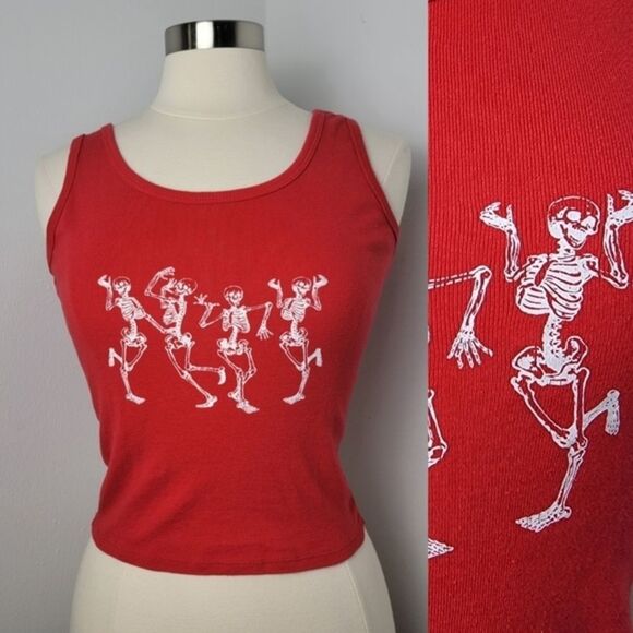 🎃💀 Red & White Halloween Dancing Skeletons Cropped Tank Top Size Large - Picture 1 of 8